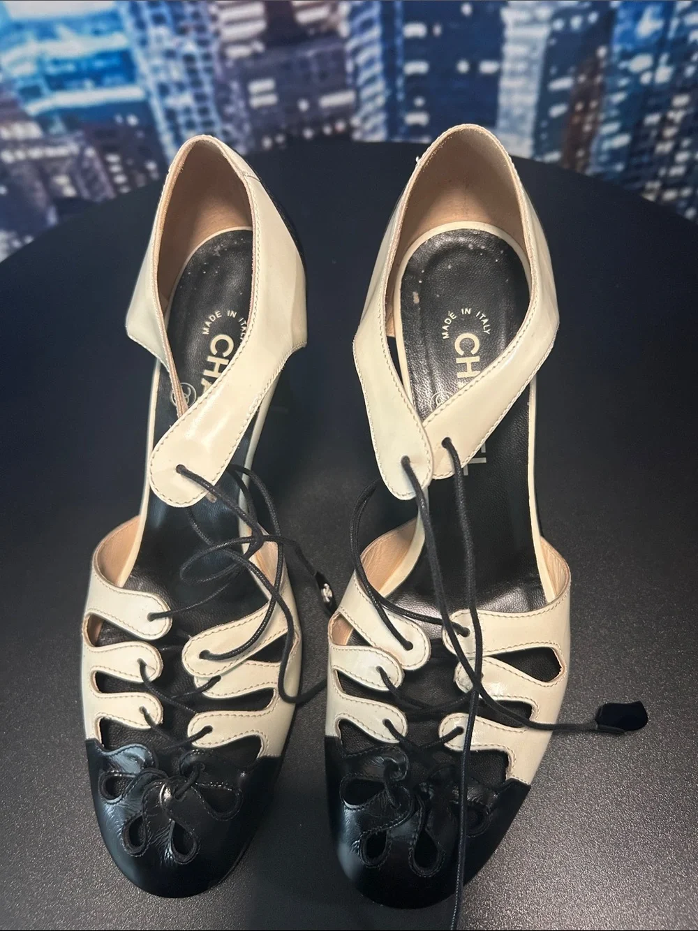 CHANEL Black and Cream Lace-Up Peep Toe Heels